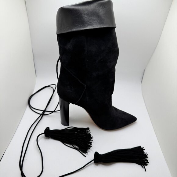 Saint Laurent YSL Meurice 105 Thigh High Boots Tassel Suede Leather Black W 37.5 - Picture 10 of 16
